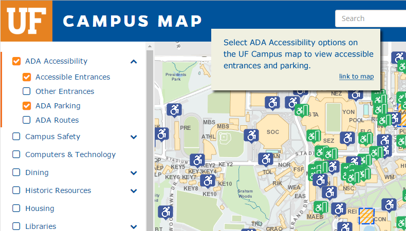 Select ADA Accessibility options on the UF Campus map to view accessible entrances and parking. (link to map)
