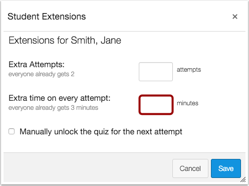 In the section Student Extensions, enter a value in minutes next to the label 