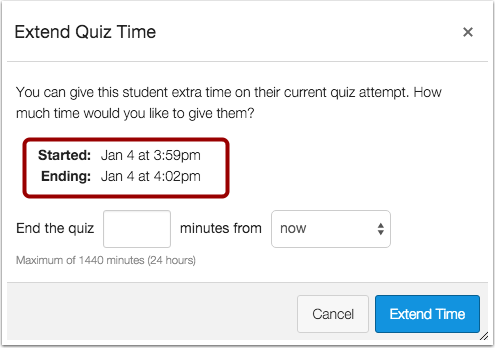 Canvas shows start and end times of quiz