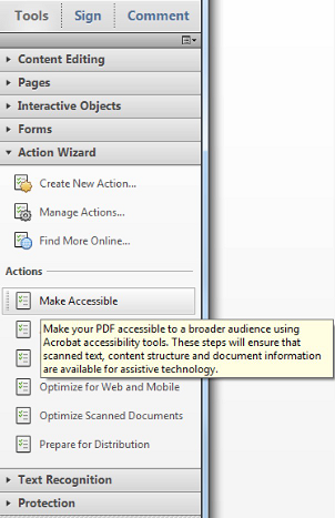 Under Tools, Action Wizard, Actions, select Make Accessible
