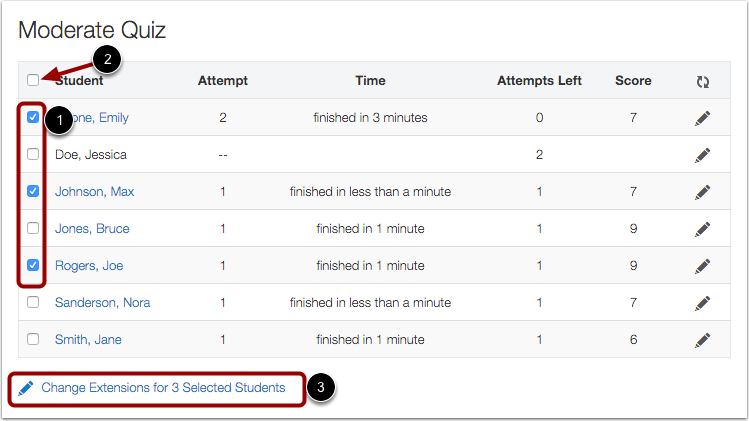 To select multiple students, check the checkbox at the far left of the row and click 