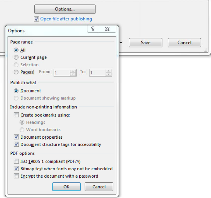 While saving a Microsoft document as a PDF, select ‘Options’ and make sure that the ‘Document structure tags for accessibility’ is selected.