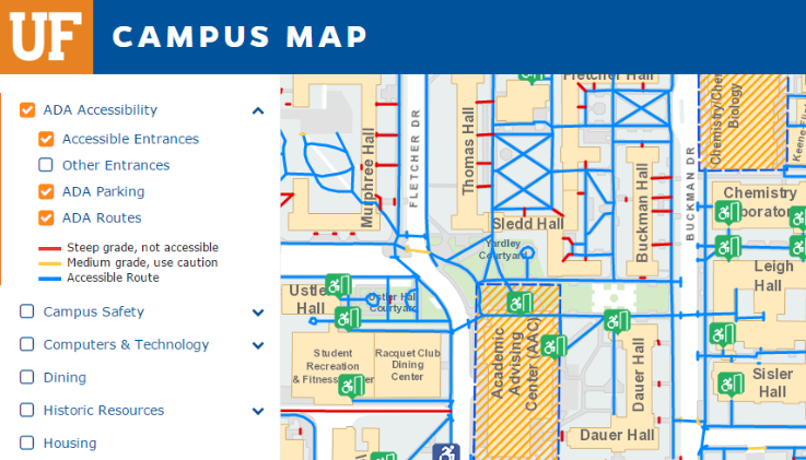Select ADA Accessibility options on the UF Campus map to view accessible entrances and parking.

link to map